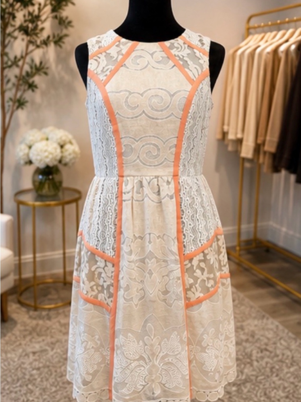 Anthropologie Champagne & Strawberries Ivory Lace Coral Trim Dress M